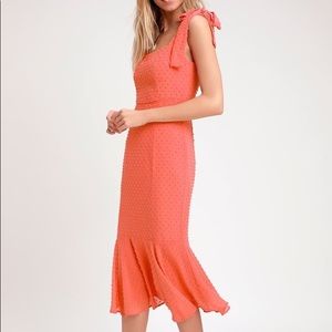 Bimini Coral Pink Swiss Dot Tie-Strap Midi Dress